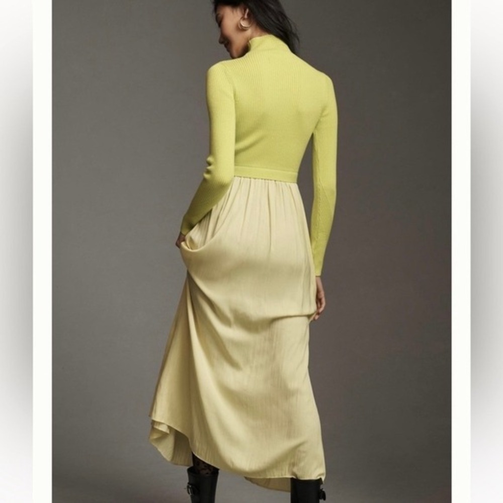 Anthropologie Thea Twofer Sweater Dress‎ L Chartreuse Yellow Ribbed Maxi Pleated - Picture 2 of 12